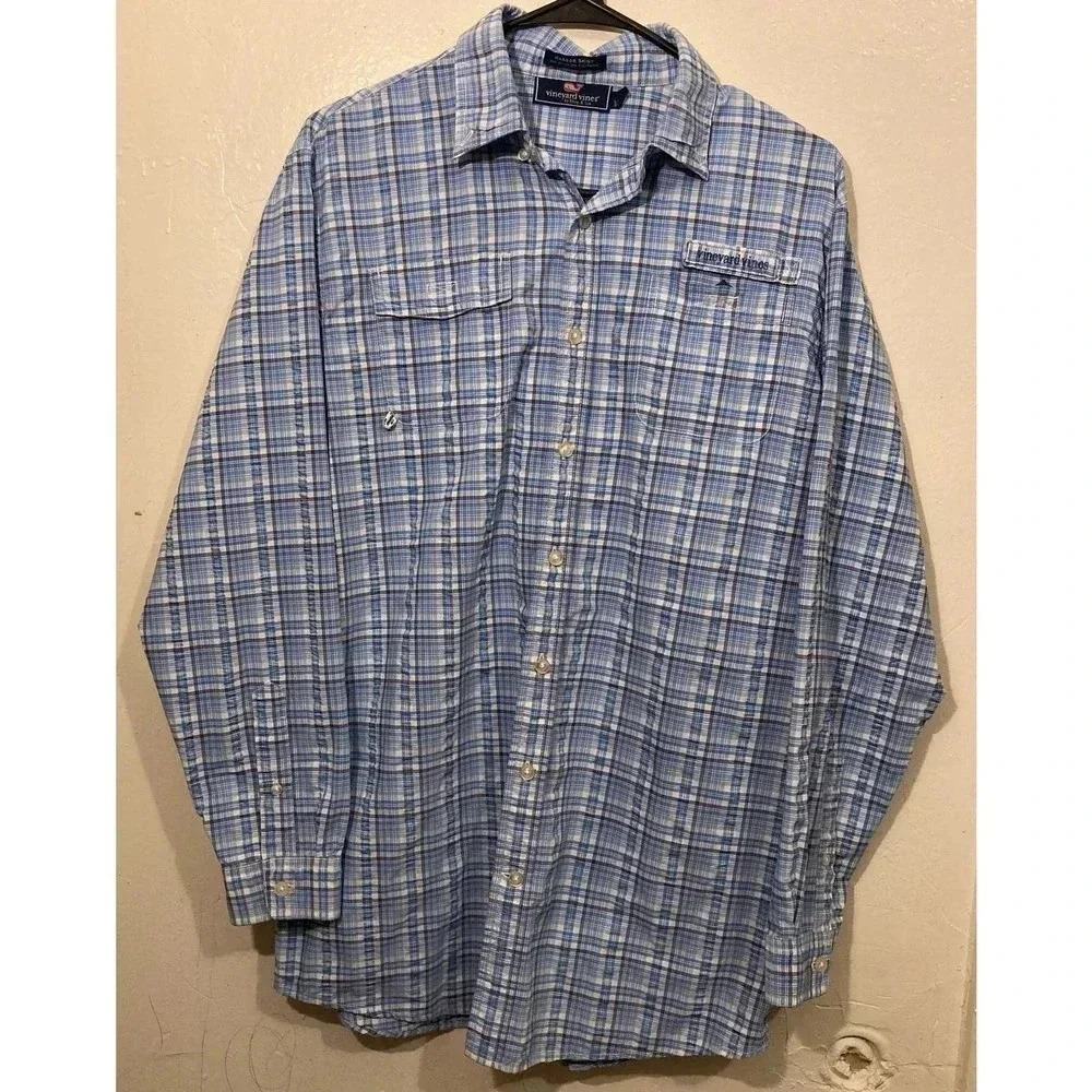 Vineyard Vines Harbor Shirt Mens XL Blue Plaid Nylon Fishing Coastal Preppy XL